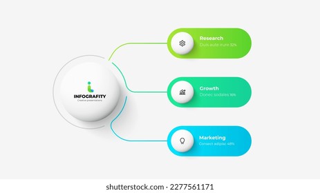 Central circle with 3 rounded elements. Infographic flowchart template. Business data visualization.