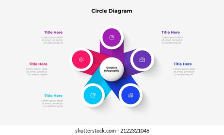 Central circle with five small circles around it. Design concept of 5 steps or parts of business cycle. Infographic design template. Business data visualization.