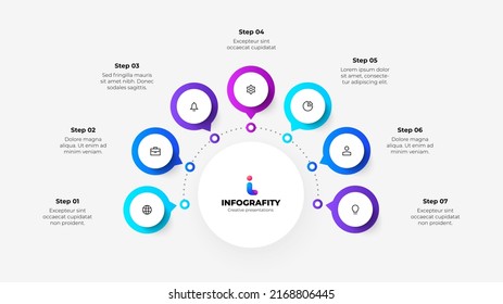 Central Circle With Seven Small Circles Around It. Design Concept Of 7 Steps Or Parts Of Business Cycle. Infographic Design Template. Business Data Visualization.