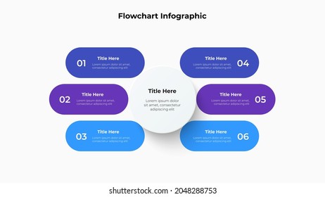 Central circle with six banners around it. Design concept of 6 steps or parts of business processes. Infographic design template. Business data visualization.