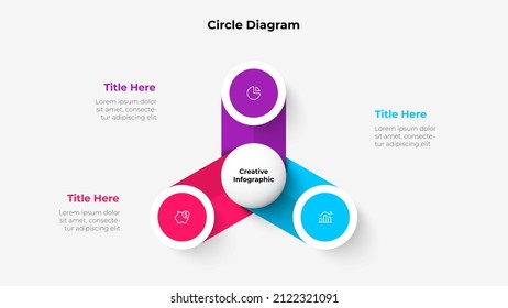 Central circle with three small circles around it. Design concept of 3 steps or parts of business cycle. Infographic design template. Business data visualization.