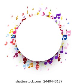 A central circular white frame surrounded by a lively cascade of colorful musical notes, ideal for invitations or music event programs.