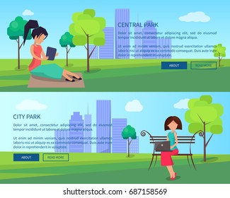 Central city park banners with people resting with modern gadgets and tablets searching internet in free wifi zone vector illustrations