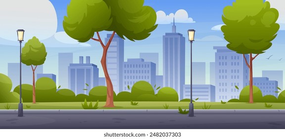 Central city park panorama. Vector illustration of spring summer park with trees, grass, walkway road, skyline, town buildings, lantern. Natural landscape. Healthy lifestyle concept of public garden