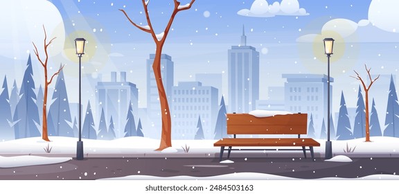 Central city park panorama. Vector illustration of winter snow park with trees, snow, pine tree,  bench, walkway road, skyline, town buildings. Natural landscape. Lifestyle concept of public garden