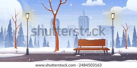 Central city park panorama. Vector illustration of winter snow park with trees, snow, pine tree,  bench, walkway road, skyline, town buildings. Natural landscape. Lifestyle concept of public garden