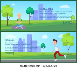 Central and city park, posters set, with text sample and lettering, meditation of man and jogging on road, buildings and view, vector illustration