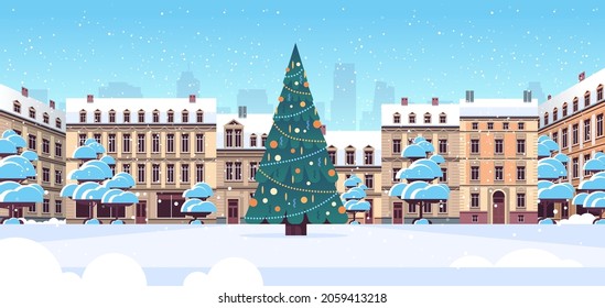 central city square with decorated christmas tree happy new year winter holidays celebration concept