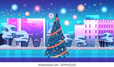central city square with decorated christmas tree and fireworks in night sky happy new year winter holidays celebration concept
