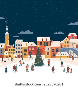 Central city square decorated for Christmas holidays. Happy people characters enjoying skating at ice rink around Christmas tree. Flat vector template for Christmas poster or flyer 