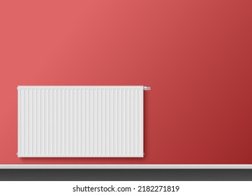 Radiador central de control del climatizador para calentar la pared roja interior de la pared ilustración vectorial realista. Panel de acero del controlador de temperatura de confort cálido válvula reguladora térmica potencia termostato doméstico