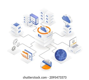 The central cloud server has many branch offices in isometric illustration