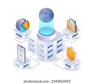 Central cloud server network isometric illustration