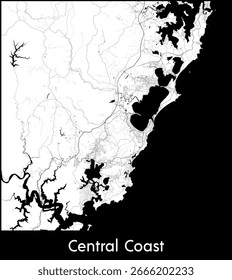 Mapa da cidade de Central Coast, Austrália - Mapa vetorial topográfico