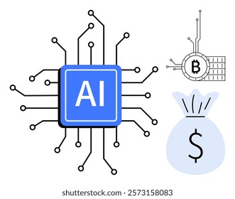 Central computer chip with AI, surrounded by circuit lines. On the side, Bitcoin symbol with circuit connections and a money bag with a dollar sign. Ideal for technology, cryptocurrency, finance