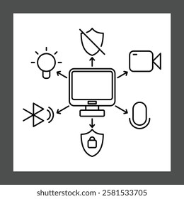 A central computer monitor surrounded by various icons representing security and connectivity features