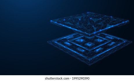 Central computer processor. CPU microchip. Polygonal construction of lines and points. Blue background.