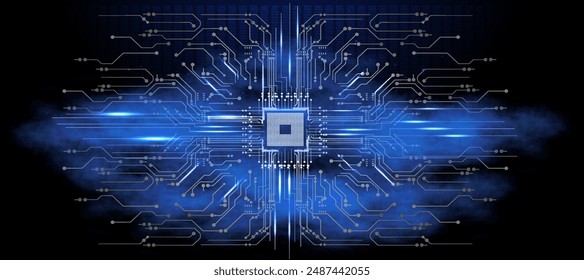 Central Computer Processors CPU concept. Motherboard digital chip. processor with lights on the blue background. Quantum computer, large data processing,	