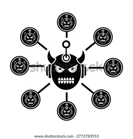A central demon head surrounded by smaller demon faces, symbolizing chaos and evil. Dark and ominous mood.