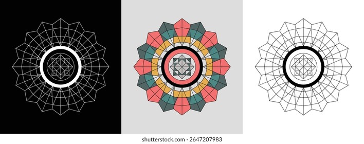 Central diamond mandala with triangle rings and hexagon borders for bold geometric decor.