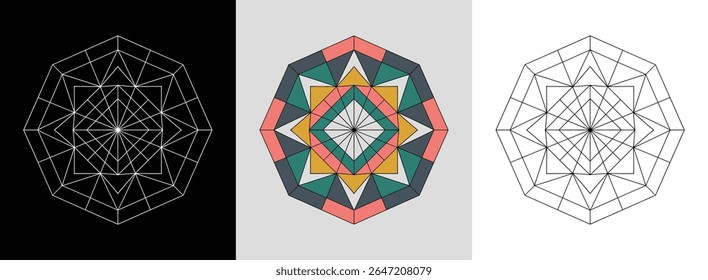 Central diamond mandala with triangle rings and hexagon borders for striking decor.