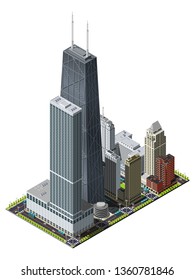 Central district in Chicago isometric vector illustration. Set of skyscrapers 3d illustration.