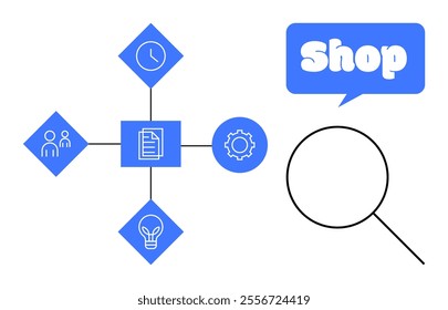 Central document icon connected to clock people gear and lightbulb icons with shop speech, bubble and magnifying glass Ideal for business process optimization efficiency customer service product