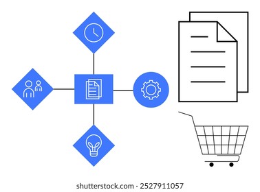Central document icon connecting to clock, human figures, gear, and light bulb icons. Documents and shopping cart on the right. Ideal for business management, time management, teamwork, project
