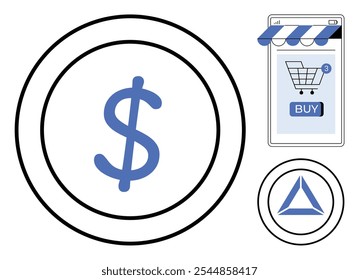 Central dólar símbolo moeda, aplicativo de compras móvel com ícone de carrinho e botão de compra, logotipo triângulo. Ideal para fintech, criptomoeda, e-commerce, aplicativos móveis, compras online. Estilo minimalista limpo