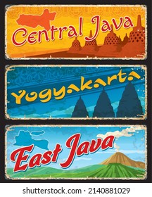 Zentral- und Ost-Java, Yogyakarta indonesische Provinz Reiseschilder und Aufkleber. Indonesien Reisebanner oder Blechschilder. Asiatische Urlaubskarten mit Borobudur stupas, Prambanan Tempel und Vulkanen