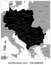 Central Europe Black Map. Vector illustration.