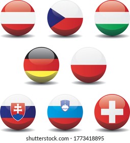 Central Europe countries national circle button flags background texture. Middle Europe 3d vector illustration symbol.