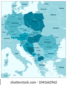 Central Europe Map Aqua Blue Colors. Vector Illustration.