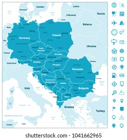 Central Europe Map And Navigation Icons. Vector Illustration.