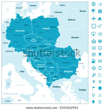 Central Europe Map and Navigation Icons. Vector illustration.
