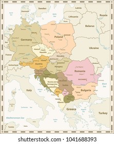 Central Europe Map Retro Colors. Vector Illustration.