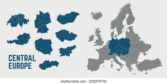 Central Europe map. Switzerland, Germany, Poland, Hungary, Austria maps with regions. Europe map isolated on white background. High detailed. Vector illustration	 - Shutterstock ID 2232979731