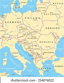 Central Europe Political Map with capitals, national borders, rivers and lakes. English labeling and scaling. Illustration.