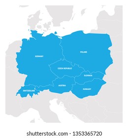 Central Europe Region. Map of countries in central part of Europe. Vector illustration.