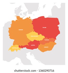 Central Europe Region. Map of countries in central part of Europe. Vector illustration.