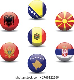 Central European Free Trade Agreement, CEFTA country national circle button flags background texture. 3D circle button vector illustration.
