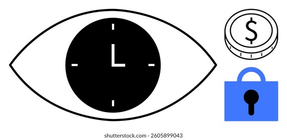 Central eye contains clock surrounded by dollar coin and padlock. Ideal for time management, finance, security, productivity, and efficiency themes. Clean, minimalistic style