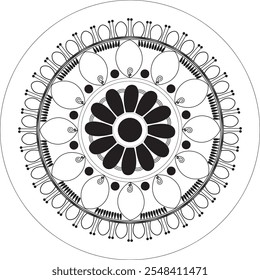 La característica central de un mandala negro típicamente consiste en una forma circular, a menudo se asemeja a una flor o un estallido estelar, con una serie de detalles simétricos que irradian hacia afuera. Intrincadamente detallado li