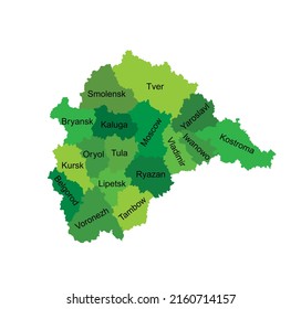 Central Federal District Russia map vector silhouette illustration isolated. Regions: Smolensk, Tver, Yaroslavl, Kostroma, Iwanowo, Vladimir, Moscow, Bryansk, Kaluga, Oryol, Tula, Kursk, Lipetsk... 
