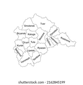 Central Federal District Russia map vector line contour illustration isolated. Regions: Smolensk, Tver, Yaroslavl, Kostroma, Iwanowo, Vladimir, Moscow, Bryansk, Kaluga, Oryol, Tula, Kursk, Lipetsk... 