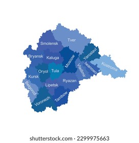 Central Federal District Russia map vector silhouette illustration isolated. Regions: Smolensk, Tver, Yaroslavl, Kostroma, Iwanowo, Vladimir, Moscow, Bryansk, Kaluga, Oryol, Tula, Kursk, Lipetsk... 