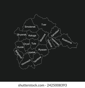 Central Federal District Russia map vector line contour illustration isolated. Regions: Smolensk, Tver, Yaroslavl, Kostroma, Iwanowo, Vladimir, Moscow, Bryansk, Kaluga, Oryol, Tula, Kursk, Lipetsk... 