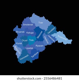 Central Federal District Russia map vector silhouette illustration isolated. Regions: Smolensk, Tver, Yaroslavl, Kostroma, Iwanowo, Vladimir, Moscow, Bryansk, Kaluga, Oryol, Tula, Kursk, Lipetsk... 