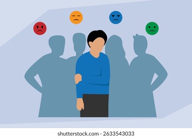 uma figura central que parece angustiada ou oprimida, rodeada pelas silhuetas de outras pessoas, com vários ícones de emoção ilustração vetorial