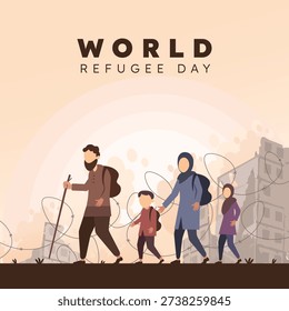 The central focus of the image is a line of seven individuals—men, women, and children—walking together in a determined yet weary procession. Each character is depicted with a backpack, symbolizing the few belongings they managed to save. The group includes a father figure leading with a staff, mothers holding their children's hands, and young ones following closely, highlighting how conflict affects entire families across generations. At the bottom, the text "WORLD REFUGEE DAY" is presented in a bold, clear sans-serif font, grounding the emotional imagery with a global call for awareness, empathy, and humanitarian support.